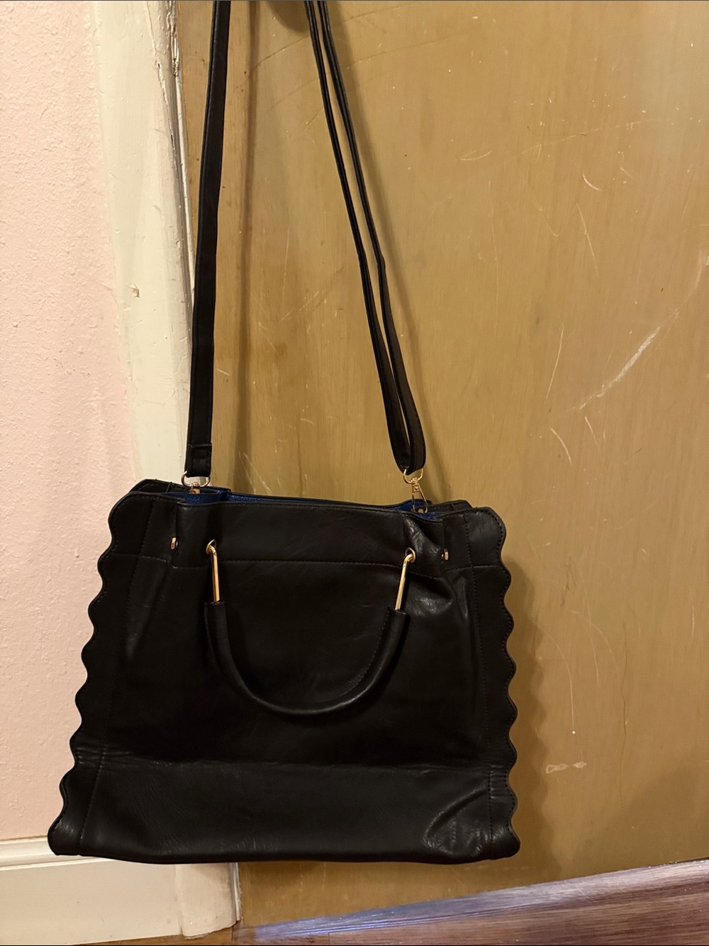 Classic Black Leather Tote Bag with Gold Accents